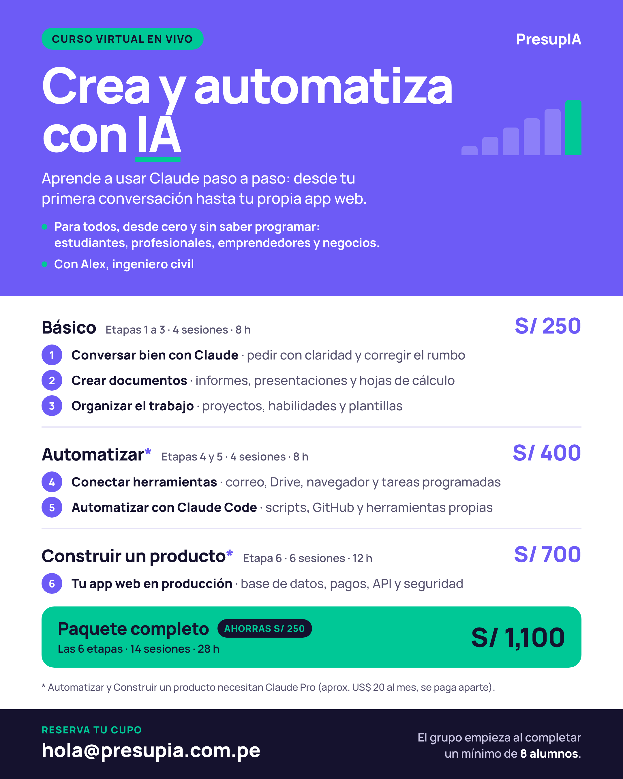 Folleto del curso Crea y automatiza con IA — programa, módulos, etapas y precios